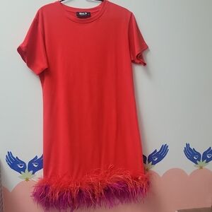 Girls' Red Feather Hem Dress
